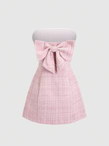 Sweetra Women's Fashion Elegant High-Quality Pink Tweed Bow Decor Tube Mini Dress, Versatile - Pink - View 2