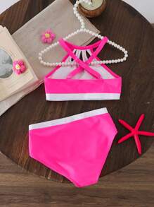 Spring/Summer Bikini Set, Minimalist Fashion Style, Fuchsia & White, Floral Petal Cutout Neckline, Tween Girls Fuchsia-White Contrast Floral Cutout Neck Two-Piece Bikini Set, Stylish Casual Elegant Suitable For Swimming, Vacation, Summer