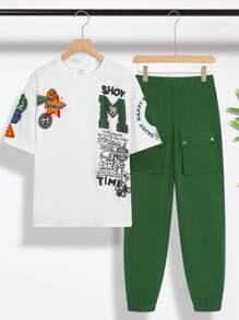 SHEIN 2 Teiliges Set lose sitzender Lässig Rundhals Muster Kurzarm T-Shirt & Hose für Teenager; Frühlingsbekleidung; Teenager Jungen Kleidung; Teenager Jungen Jacken, Frühling Schulanfang - Verschiedenfarbig - Übersicht 6