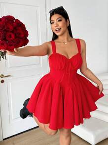 Solflare Plus Size Solid Color Wide Strap Tie Front Crop Casual Red Dress, For Valentine's Day,Spring Summer Clothes