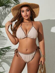 Swim SXY 夏季大码女式纹理花卉吊带设计高端性感系带分体泳衣，休闲度假装 - 米色 - 查看 5