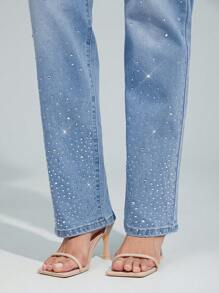 Denimoi Rhinestones Detailed Straight Leg Jean - Light Wash - View 2