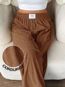 Solflare 大码女式灯芯绒面料高腰宽松阔腿裤，带口袋和贴饰，适合校园、日常穿着、室内工作、秋冬季 - 棕色 - 查看 1