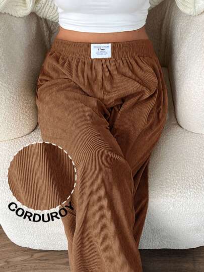 Solflare 大码女式灯芯绒面料高腰宽松阔腿裤，带口袋和贴饰，适合校园、日常穿着、室内工作、秋冬季