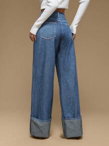 Forever 21 秋冬女士口袋宽松阔腿深蓝色水洗复古牛仔裤