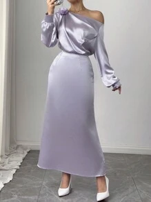 Chiquease 2 piezas Conjunto de fiesta de satén sexy ajustado de manga larga con volante asimétrico en el cuello, diseño floral 3D púrpura, atuendo elegante para citas