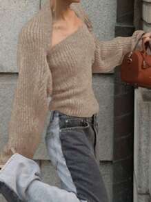 DAZY 2pcs Women Sleeveless Short Jacket And Sweater Set, Apricot Color, Suitable For Spring & Autumn,Fall Women Clothes - Apricot - View 2