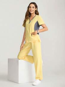 SHEIN TaskFit Scrubs Scrub Uniform Set: Short Sleeve Top And Pants With Color Blocking, For Staff - Multicolor - View 5