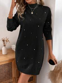 SHEIN LUNE 女士休闲串珠立领长袖连衣裙情人节毛衣