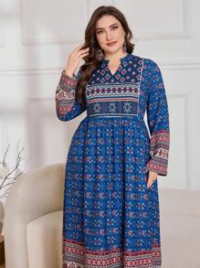Lacomfia Plus Size Women Elegant Placement Print Arabic Style Long Dress,Modest