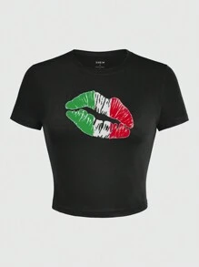 INAWLY Camiseta de mujer de ajuste ceñido, de cuello redondo y manga corta con estampado de labios en los colores de la bandera mexicana