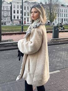 RueChic Women Leopard Lined Sherpa Teddy Over Coat - Beige - View 4