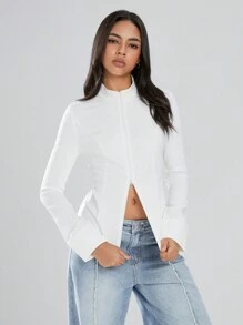 SHEIN Unity 1 件女式休闲高领长款修身拉链衬衫，白色，冬季
