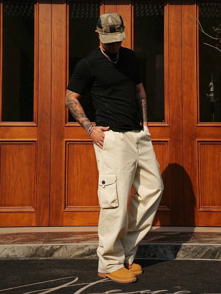 Men's Straight-Leg Multi-Pocket Casual Pants, Khaki