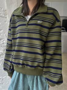 DAZY 女式前拉链长袖条纹简约运动衫，休闲日常服装，秋季服装 - 綠色 - 查看 4