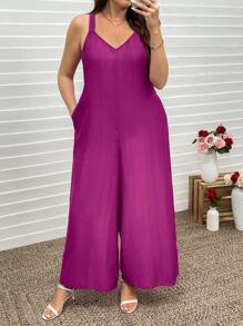 SHEIN LUNE Plus Size Women's Solid Color Wide Strap Loose Casual Jumpsuit Valentine Summer Outfits For Women Summer Spring Clothes Spring Outfits For Women Summer Summer Boho Old Money