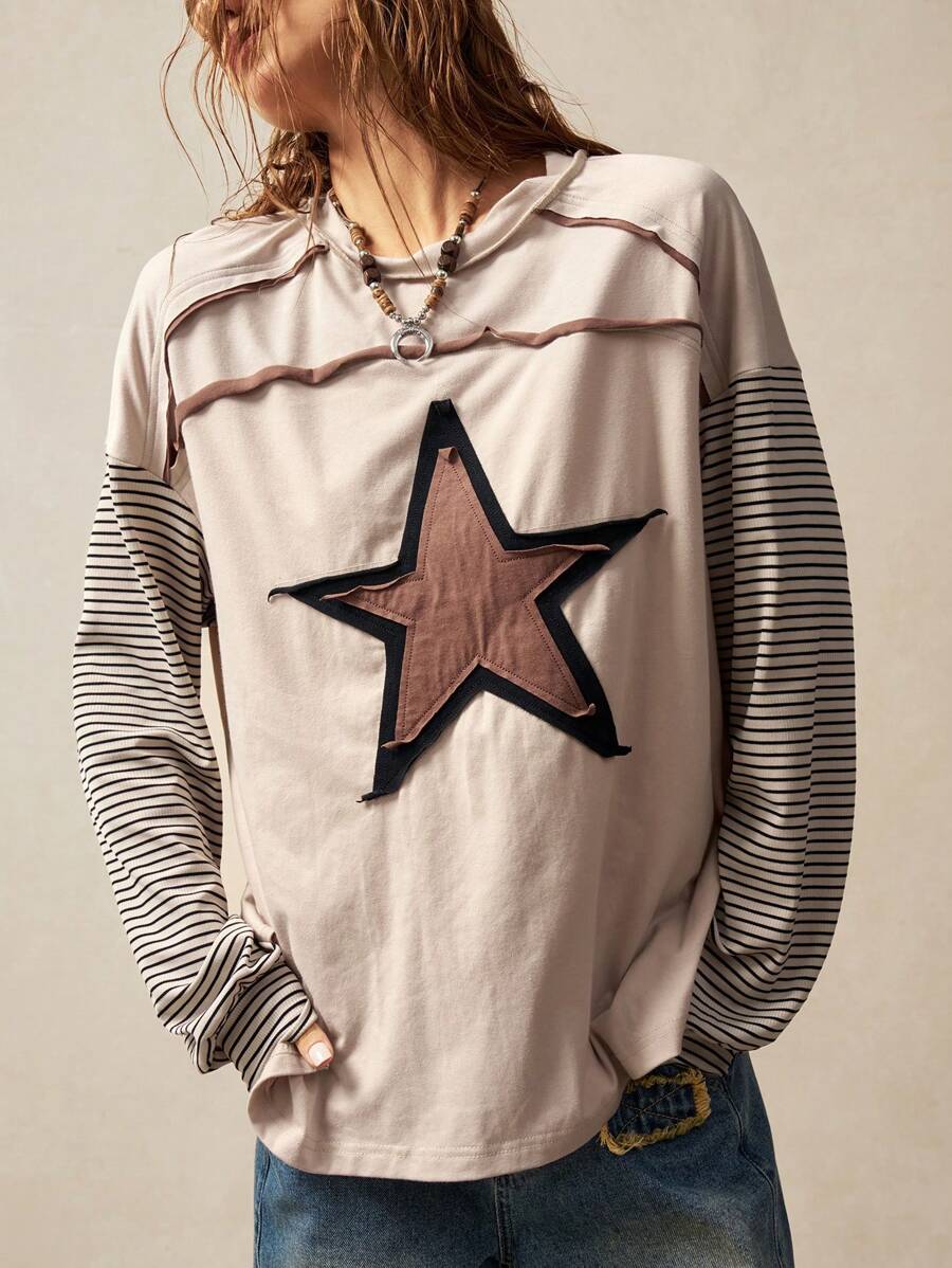 Bohemela 女士休闲针织拼布圆领长袖宽松 T 恤 - 咖啡棕 - 查看 1