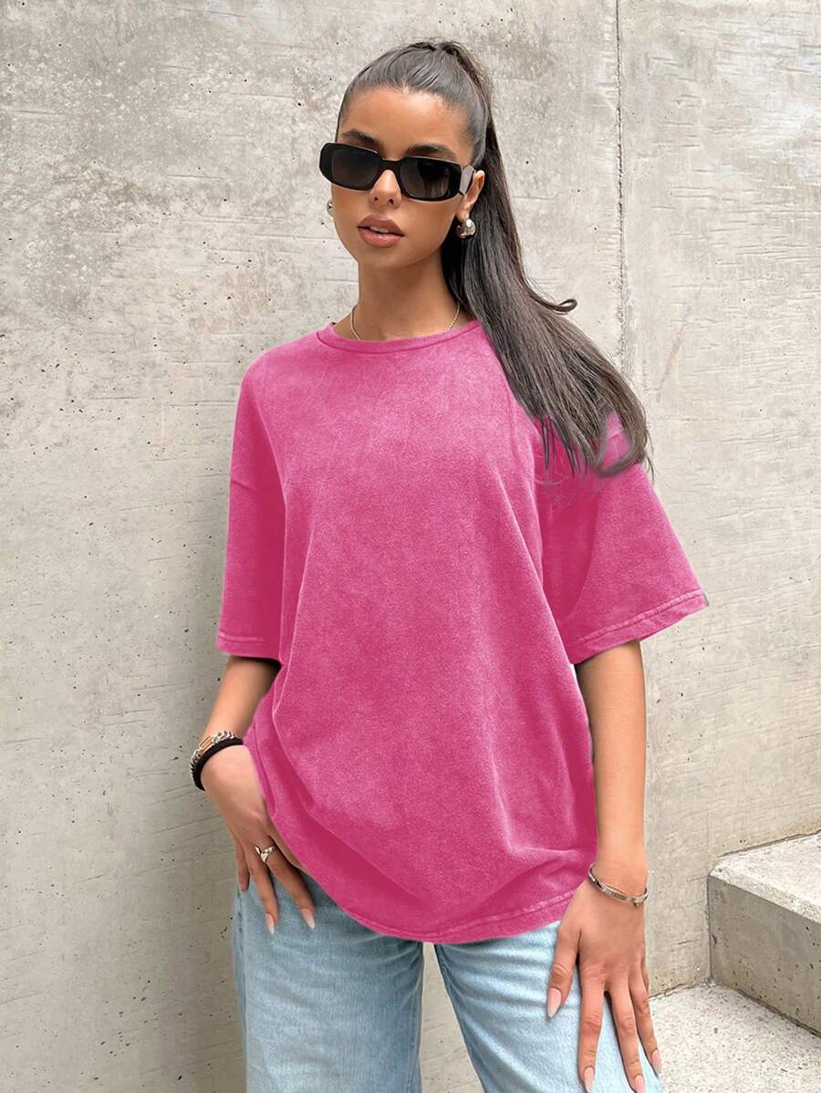 SHEIN EZwear Áo thun dệt kim rộng rãi phong cách cổ điển màu đỏ hồng cho nữ - Màu Hồng Tươi - Xem 1