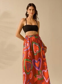 CAJUNI 女士彩色心形印花、波西米亚风印花长裙、假日休闲沙滩夏季黑色裙子 - 彩色 - 查看 5