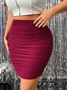 SHEIN Clasi 大码女式褶皱勃艮第紧身裙，优雅适合新年、情人节、感恩节、圣诞节、复活节、庆典和新年 - 紅色 - 查看 3
