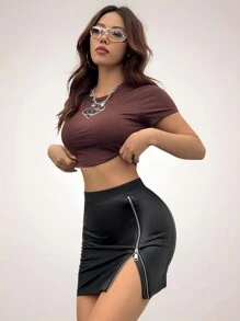 Coolane Zipper Pu Leather Wrap Bodycon Mini Skirt - Black - View 3