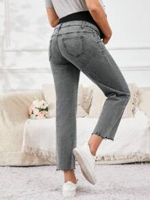 SHEIN Maternity Contrast Color Patchwork High Waist Tapered Leg Jeans - Grey - View 2