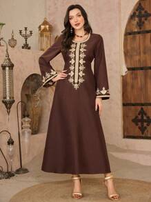 Al Najma Crew Neck Long Sleeve, Minimalist Casual Embroidery Detail Robe, Modest Kaftan - Coffee Brown - View 3