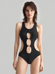 Ontre 2025 New Women's Black Hollow Simple Casual One-Piece Swimsuit, V-Neck Sleeveless Spring Resort Wear For Summer Beach Vacation - Black - View 4
