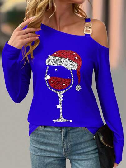 SHEIN LUNE Christmas Wine Glass Print Shoulder Strap Metal Decor Women T-Shirt Fall Cloth For Women