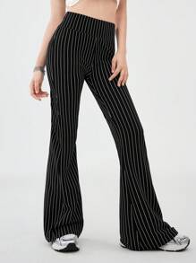 SHEIN Teen Girls Spring/Summer Streetwear/ Basic Knit Striped Black Flare Pants,Parent-Child Clothing,New Years - Black - View 5