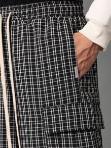 SUMWON Relaxed Fit Plaid Cargo Shorts With Multiple Pockets Elastic Drawstring Waist Casual Summer Streetwear Bermuda Walking Shorts - Black - View 8