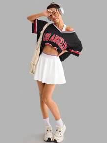 Easithlete 女士纯色拼接褶皱休闲运动迷你裙和短裙 - 白色 - 查看 3