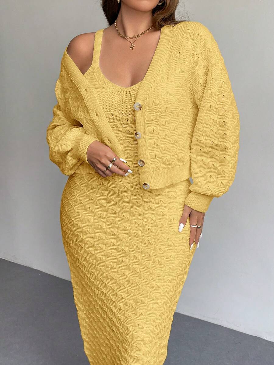 SHEIN Privé Plus Size Casual Vacation Home Vintage Elegant Afternoon Tea Apricot Crew Neck Long Sleeve Knitted Cardigan Sweater, Autumn/Winter - Yellow - View 1