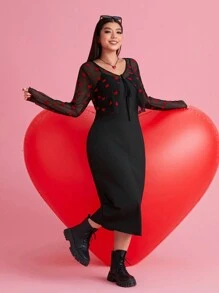 Solflare Plus Size Women's Valentine's Day Heart Net Mesh See-Through Cardigan Top, Spring Summer