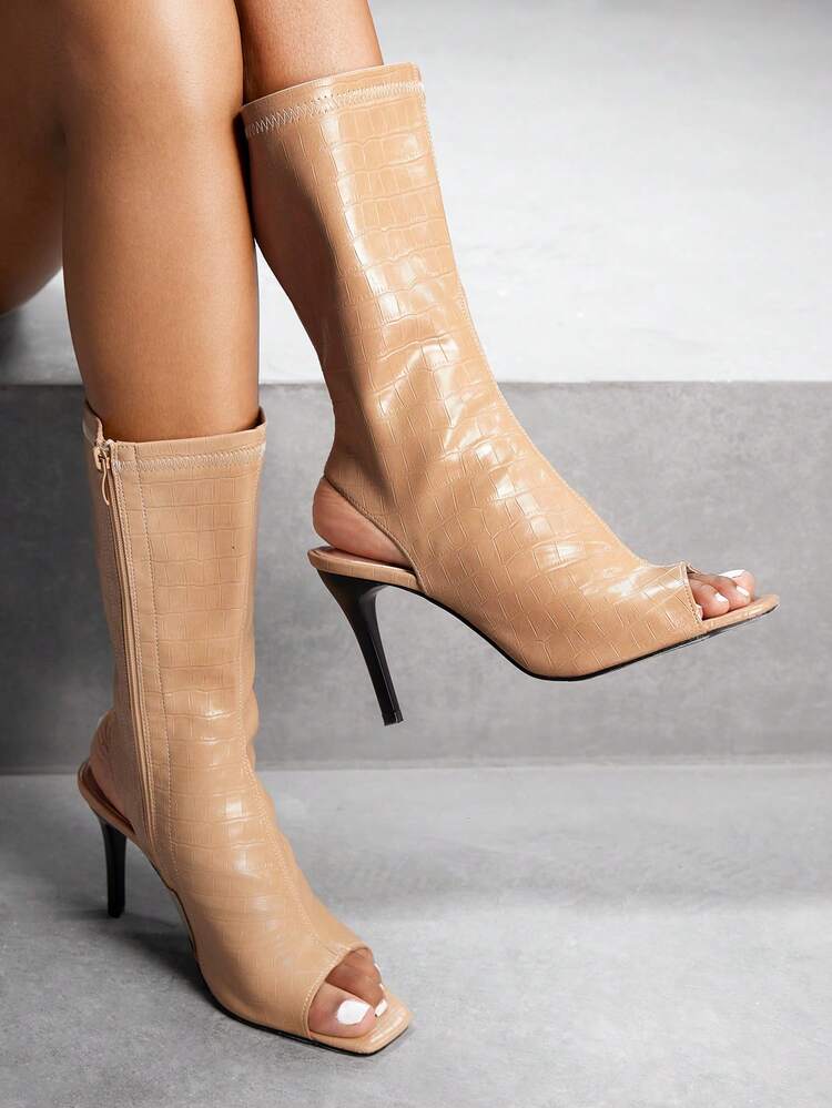 High Heel Crocodile Pattern Peep Toe Ankle Boots