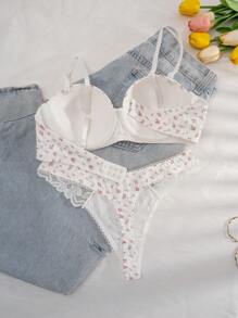 PetitDoll 2pcs/Set Women Lace Patchwork Wirefree Lingerie Bra And Panty Set, Spring Clothes - White - View 2