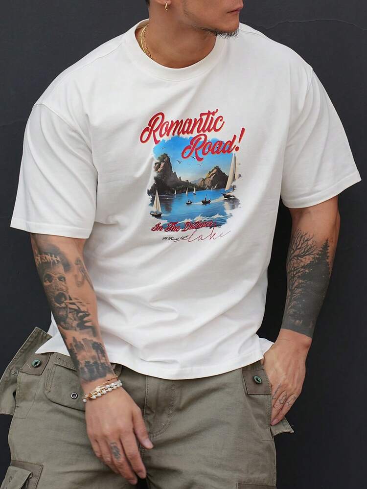 Summer Landscape & Letter Print White T-Shirt For Men,Graphic Tees