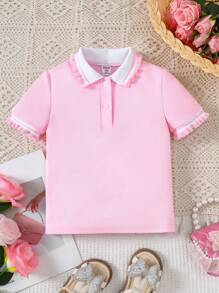 Young Girl' Ruffle Trim Polo Collar T-Shirt, Suitable For Summer - Pink - View 1