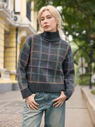 Skyraze Women Plaid Turtleneck Sweater, Ugly Sweater,Geometric Pattern
