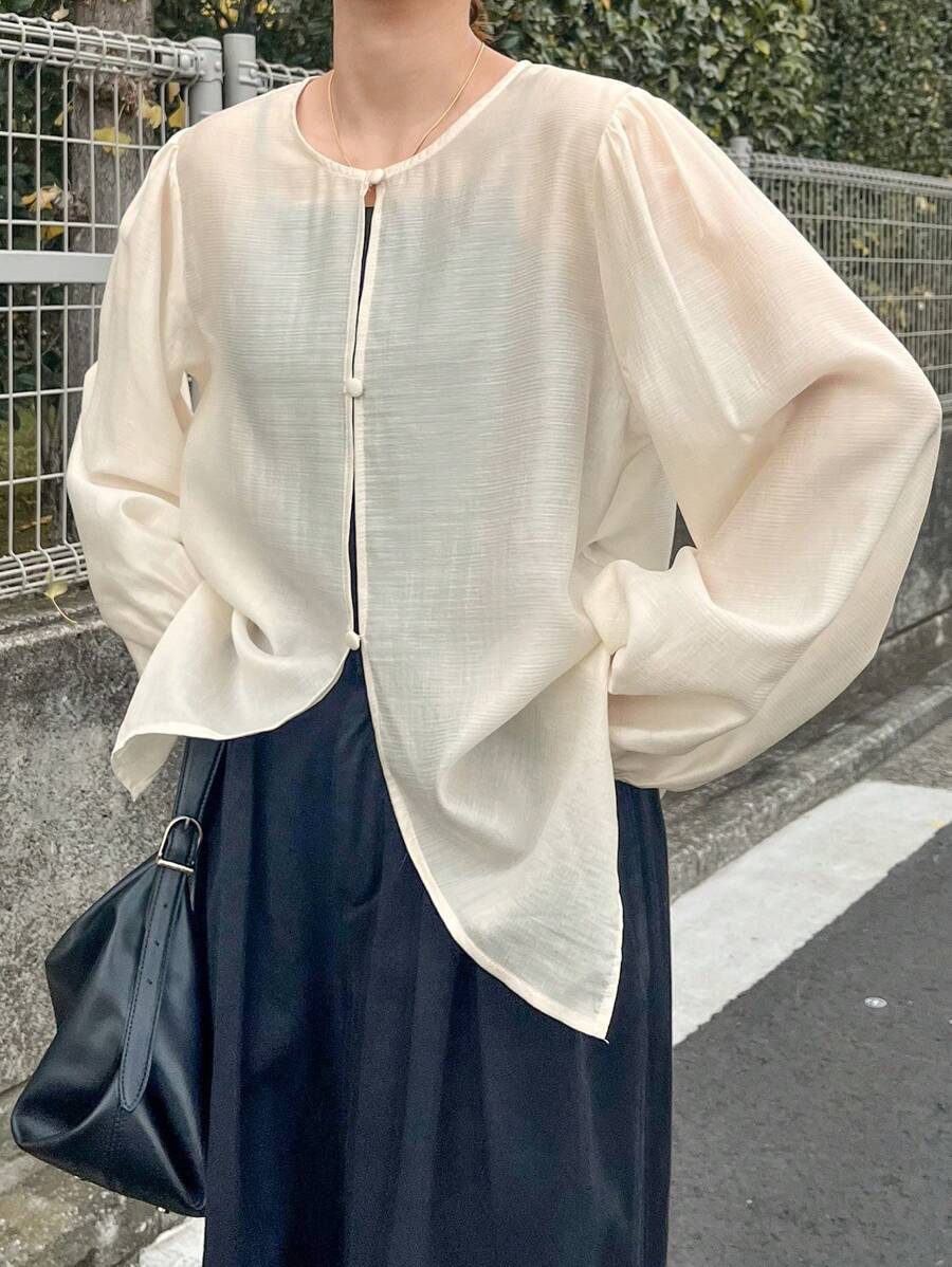 FRIFUL 女士休闲透明衬衫，简约时尚，适合日常穿着的长袖上衣 - 杏色 - 查看 1