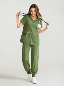 TaskEZ Short Sleeve New Design Patchwork Nursing Scrub Uniform Set - Green - View 1