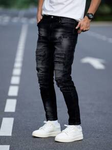 Manfinity LEGND Men's Front Button Pocket Distressed Simple Jeans, Casual Daily Wear - Black - View 8