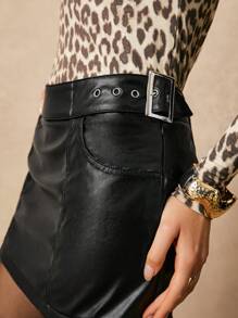 Poéselle Women's Fashion Solid Color Mini Skirt - Black - View 2