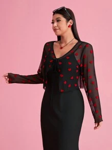 Solflare Plus Size Women's Valentine's Day Heart Net Mesh See-Through Cardigan Top, Spring Summer