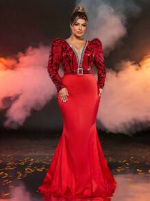 Glamrae Plus Size Formal Evening Gown With Sequin Patchwork, Chain Decor & Puff Sleeves, Wedding Guest Dress - Red - View 6