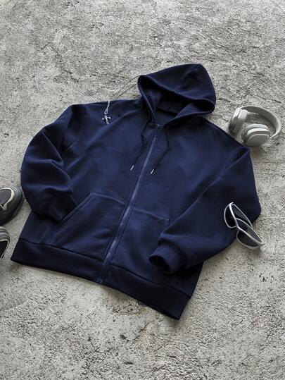 Manfinity Dauomo Plus Size Men's Solid Color Zip-Up Drawstring Hoodie, Spring And Autumn, Long Sleeve Top