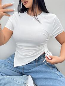 Coolane 大码短款不对称荷叶边 T 恤，夏季