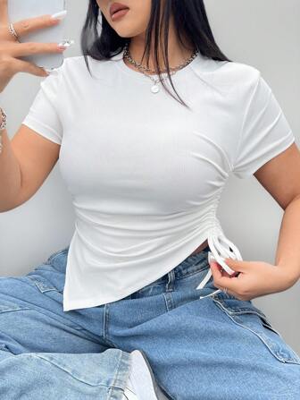 Coolane Chemise t-shirt à volants asymétrique de longueur courte, grande taille, été