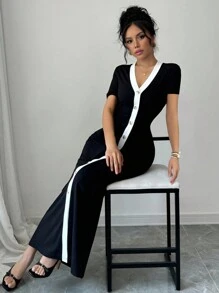 Selianne Váy ngắn tay hai tông màu cài nút phía trước dành cho nữ - Đen và trắng - Xem 5