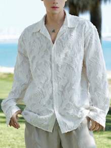 DAZY 春季抽象纹理面料白色男士衬衫，秋季 - 白色 - 查看 4